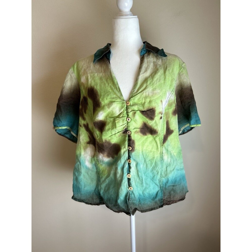 ST.TROPEZ Tie Dye LINEN Women Size 1X Top Blouse Shirt Lagenlook Boho Hippie
